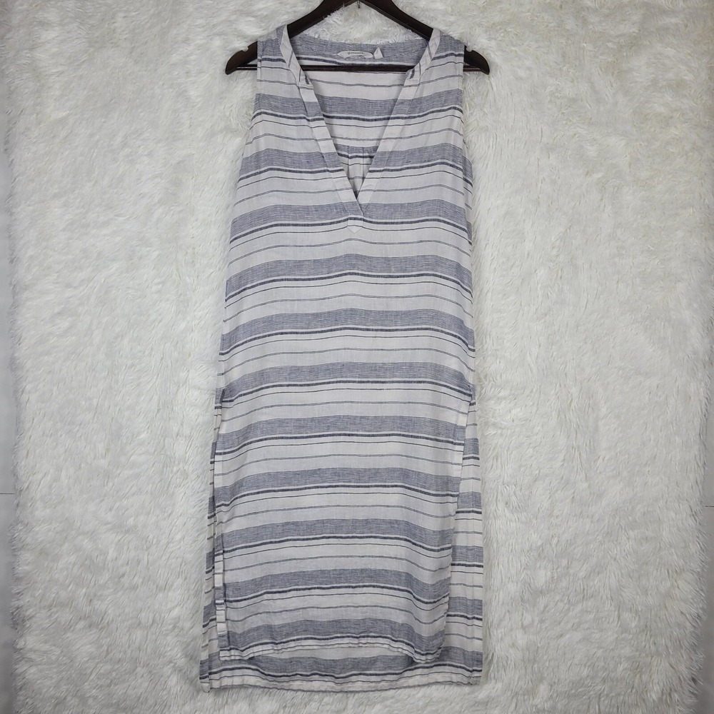 Athleta Blue White Striped 100% Linen V-Neck Sleeveless Midi Shift‎ Dress XXS